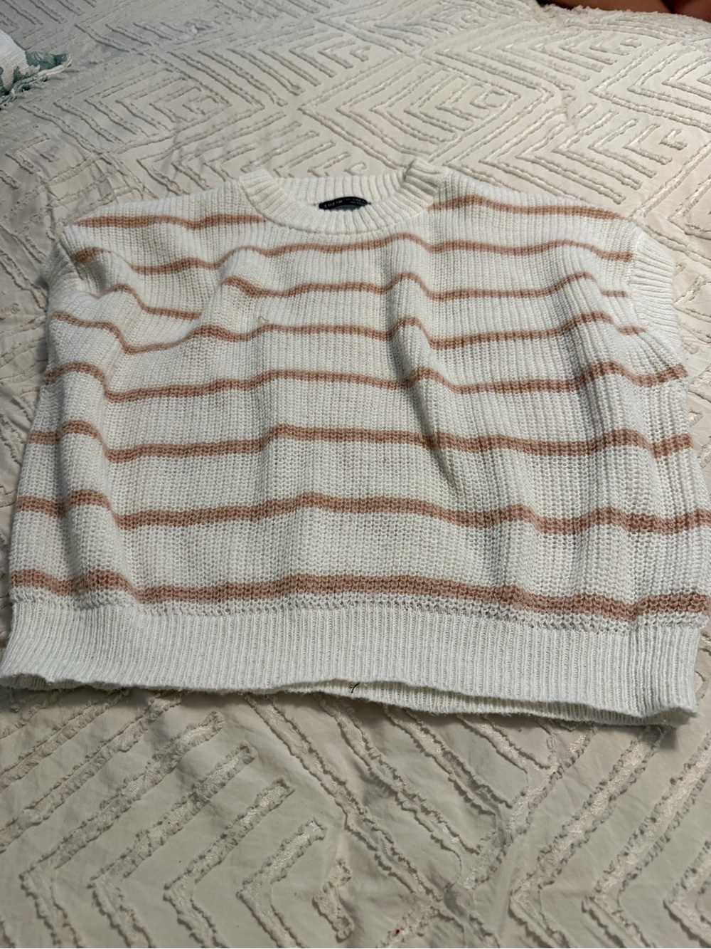 SHEIN White Crewneck Sweater with Tan Stripes